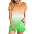 thumbnail image 3 of Jacenvly Two Piece Outfits Women Pants and Top 2Pc Women's Fashion Gradient Casual Home Two-Piece V-Neck Top with Pocket Shorts Set Pajamas & Loungewear, 3 of 7