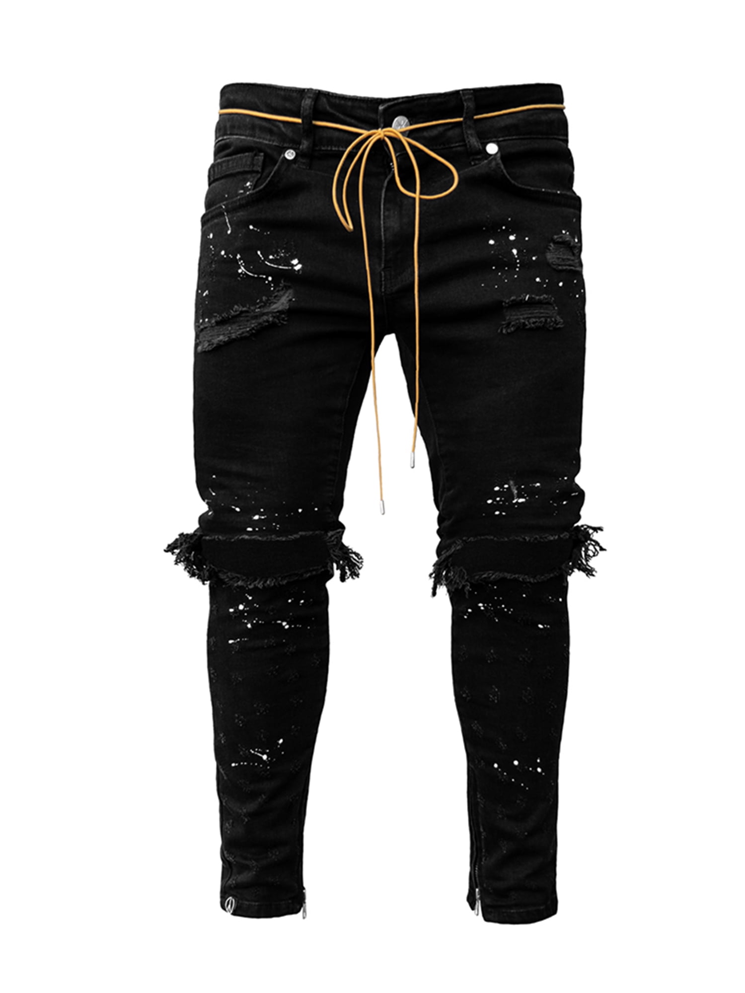 Allonly Womens Destroyed Skinny Fit Stretch Wrinkle Design Patchwork Ripped Biker Jeans Pencil Pants with Zippers