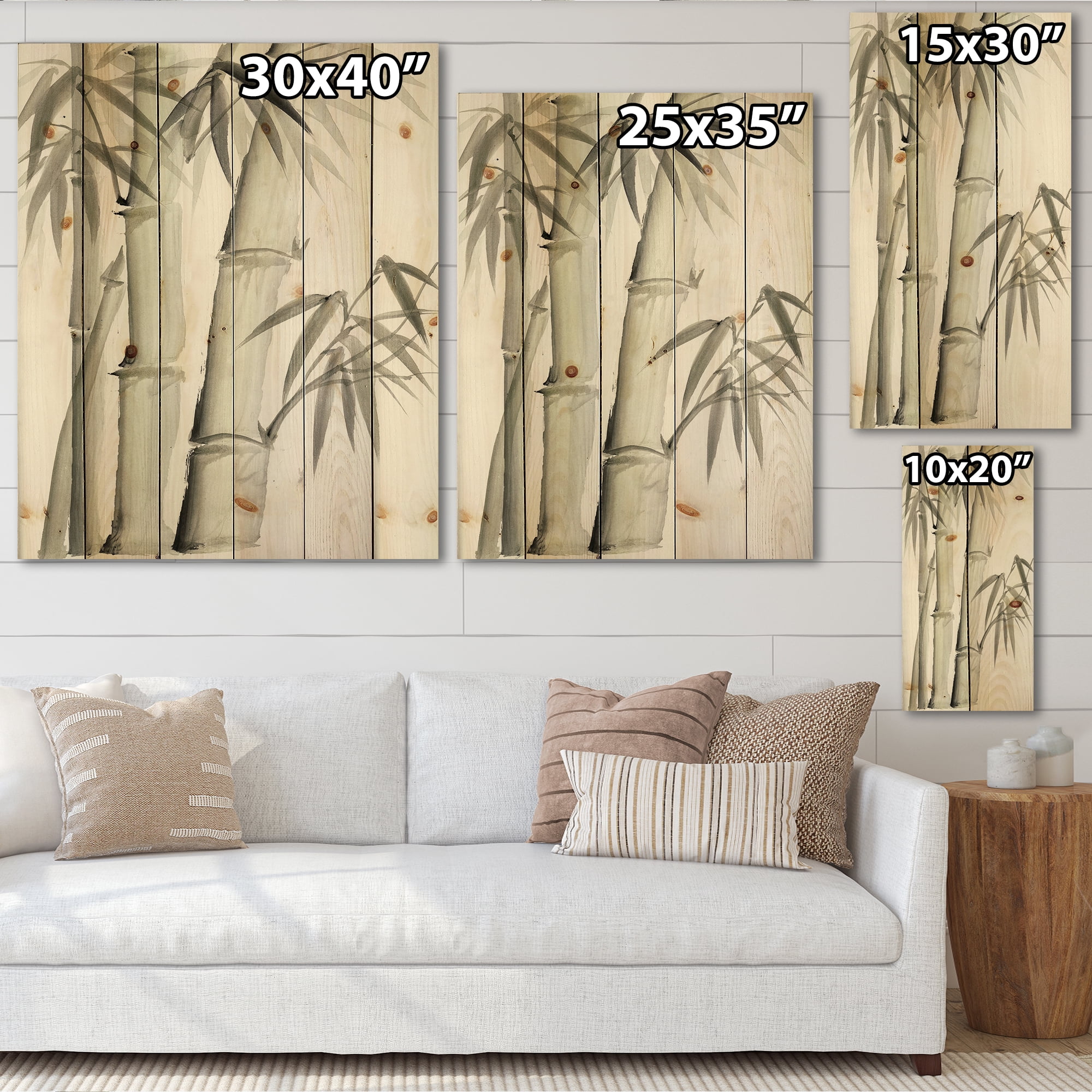 Designart 'Vintage Black and White Bamboo V' Lake House Print on Natural Pine Wood