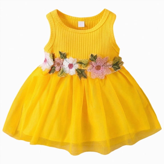 Gubotare Baby Girl Floral Dress Girls and Toddlers'Knit Short-Sleeve Cinch-Waist Dresses 6 9 Months (Yellow,6-9 Months)
