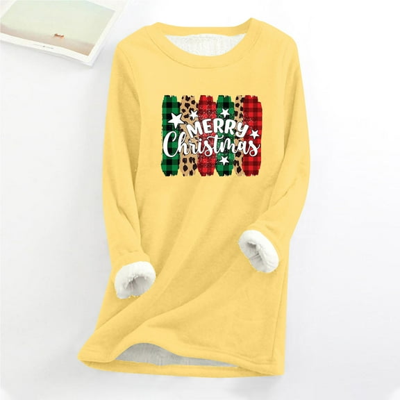 Wycnly Merry Christmas Sweater Womens Winter Thickened Fleece Lined Sweatshirt Long Sleeve Soft Cozy Plush Pullover Tops Ladies Trendy Xmas Graphics Sweatshirt Christmas