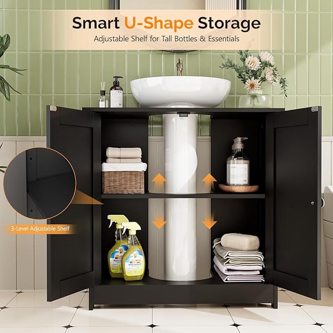 Pedestal Sink Storage Cabinet with 2 Doors Traditional Under Sink Cabinet Bathroom Space Saver Organizer with Adjustable Shelf 23 5/8" W x 11 7/16" D x 23 5/8" H