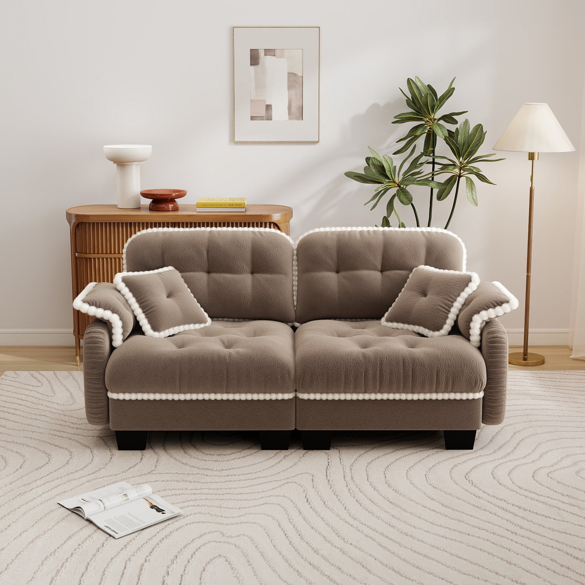 Aenkyo 70" Chenille Modular Loveseat with 23.8" Deep Seat and Pom-Pom Trim, Camel