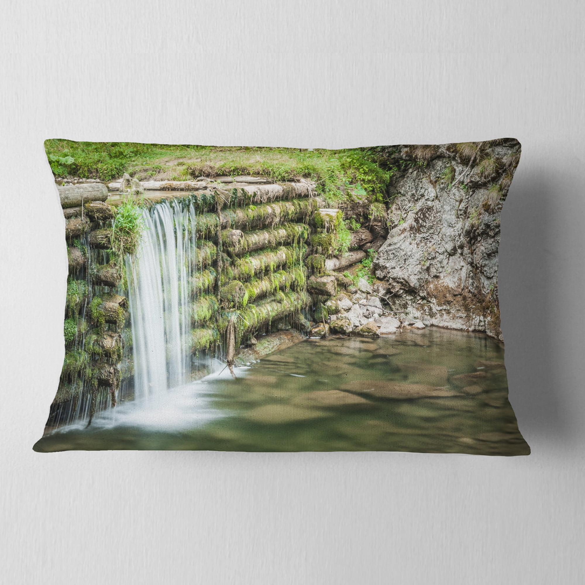 Designart Fabulous Man made Waterfall - Landscape Printed Throw Pillow - 12x20