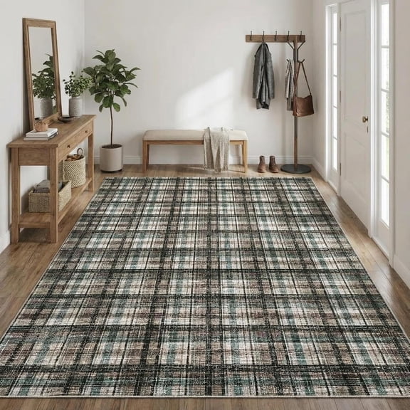 5x7 Washable Plaid Area Rug, Low Pile Faux Wool Carpet with Non-Slip TPR Backing, Stain Resistant Foldable Indoor Rug for Living Room, Bedroom, Office,Blue-green/brown