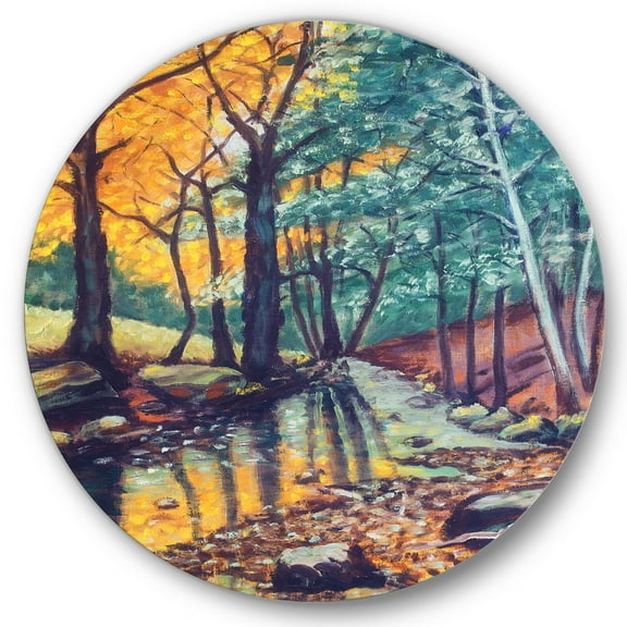 Designart 'Landscape With Autumn Forest Sunset River' Traditional Circle Metal Wall Art 36x36 - Disc of 36