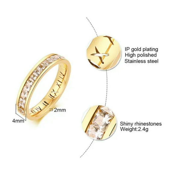 4mm Stainless Steel Hollow Roman Numerals Band Women Half Round Cz Ring Size 6-8