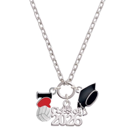 Delight Jewelry Silver-tone I Love Volleyball - Red Heart - Class of 2026 Graduation Zoey Charm Necklace, 28"