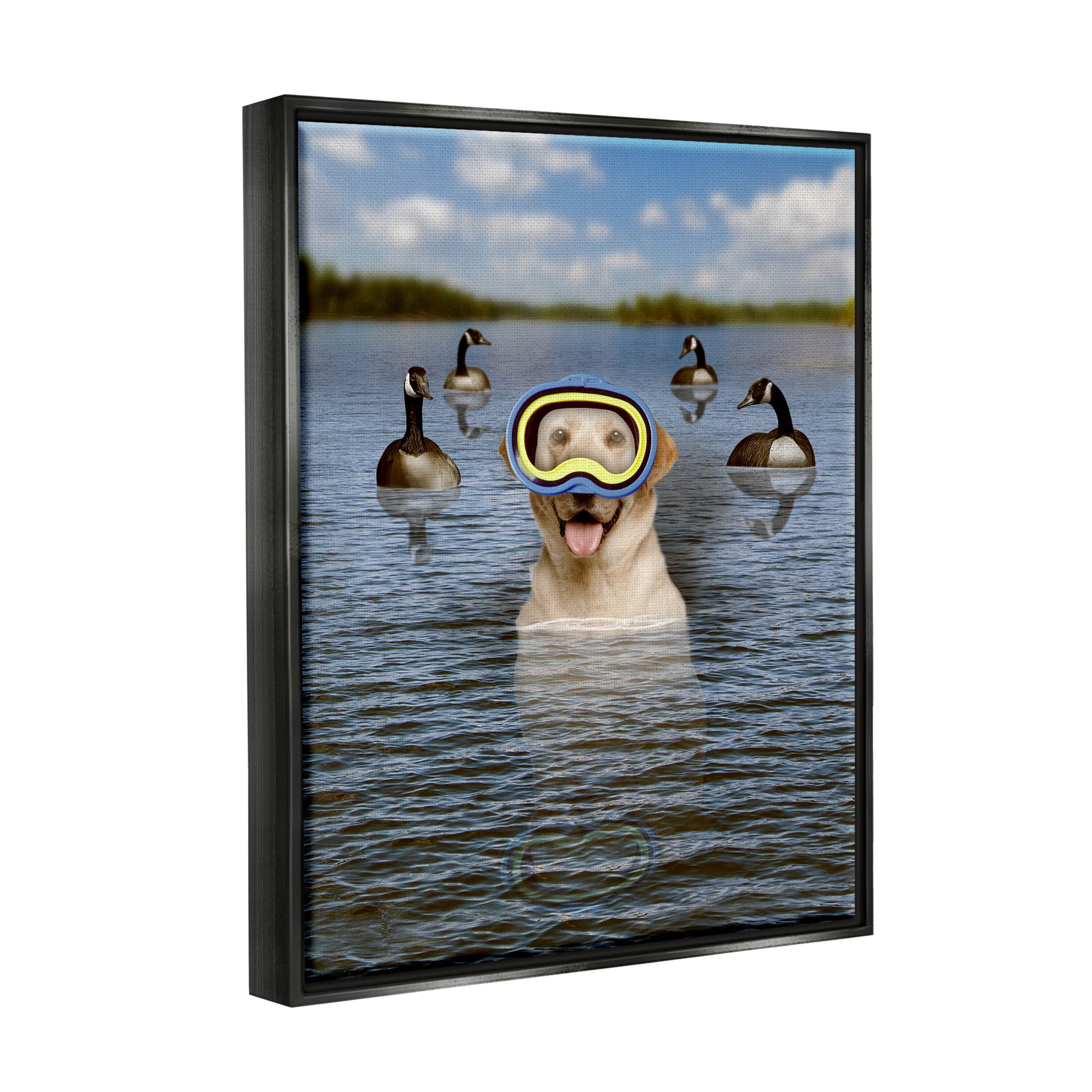 Funny Dog Goggles Swimming Bay Animals & Insects Graphic Art Jet Black Framed Art Print Wall Art