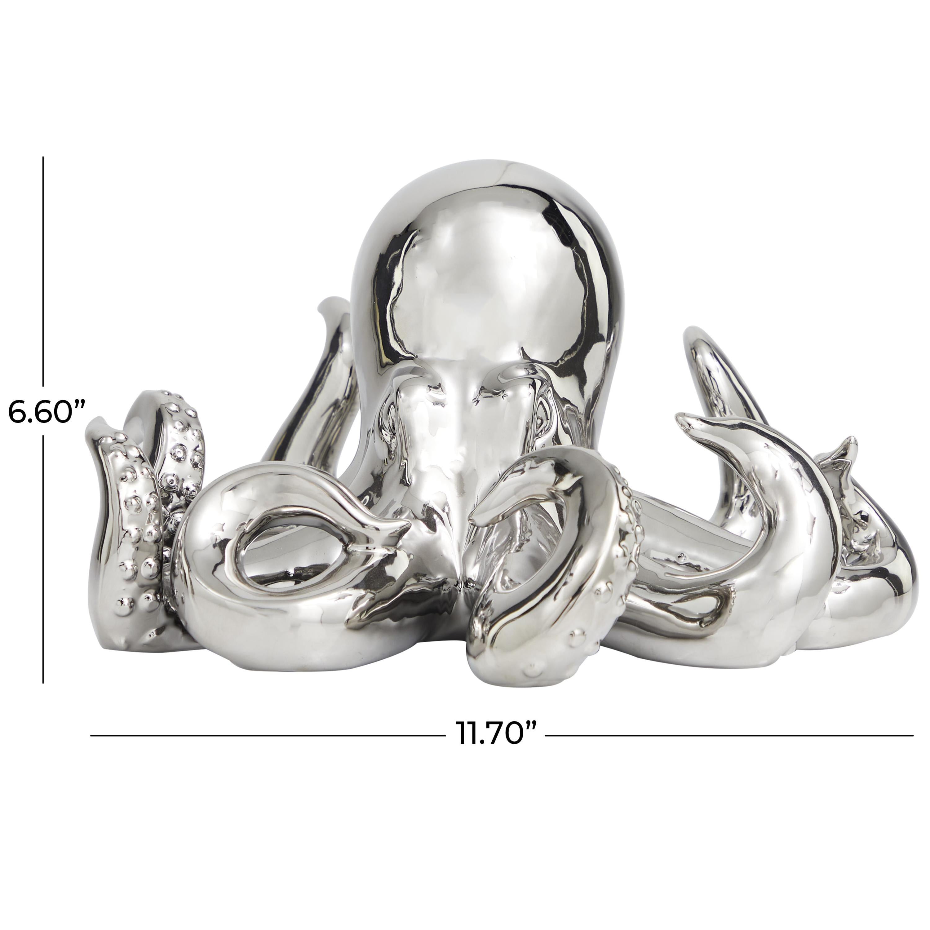12" x 7" Silver Ceramic Octopus Sculpture with Textured Tentacles, by DecMode