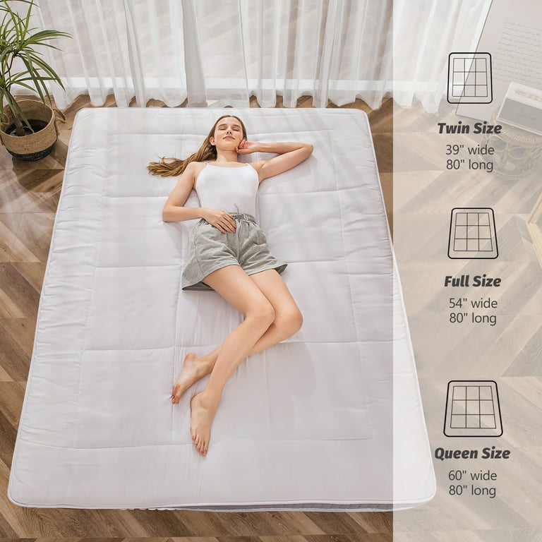 Futon Mattress, Padded Japanese Floor Mattress Quilted Bed Mattress Topper,  Extra Thick Folding Sleeping Pad, White, Queen 