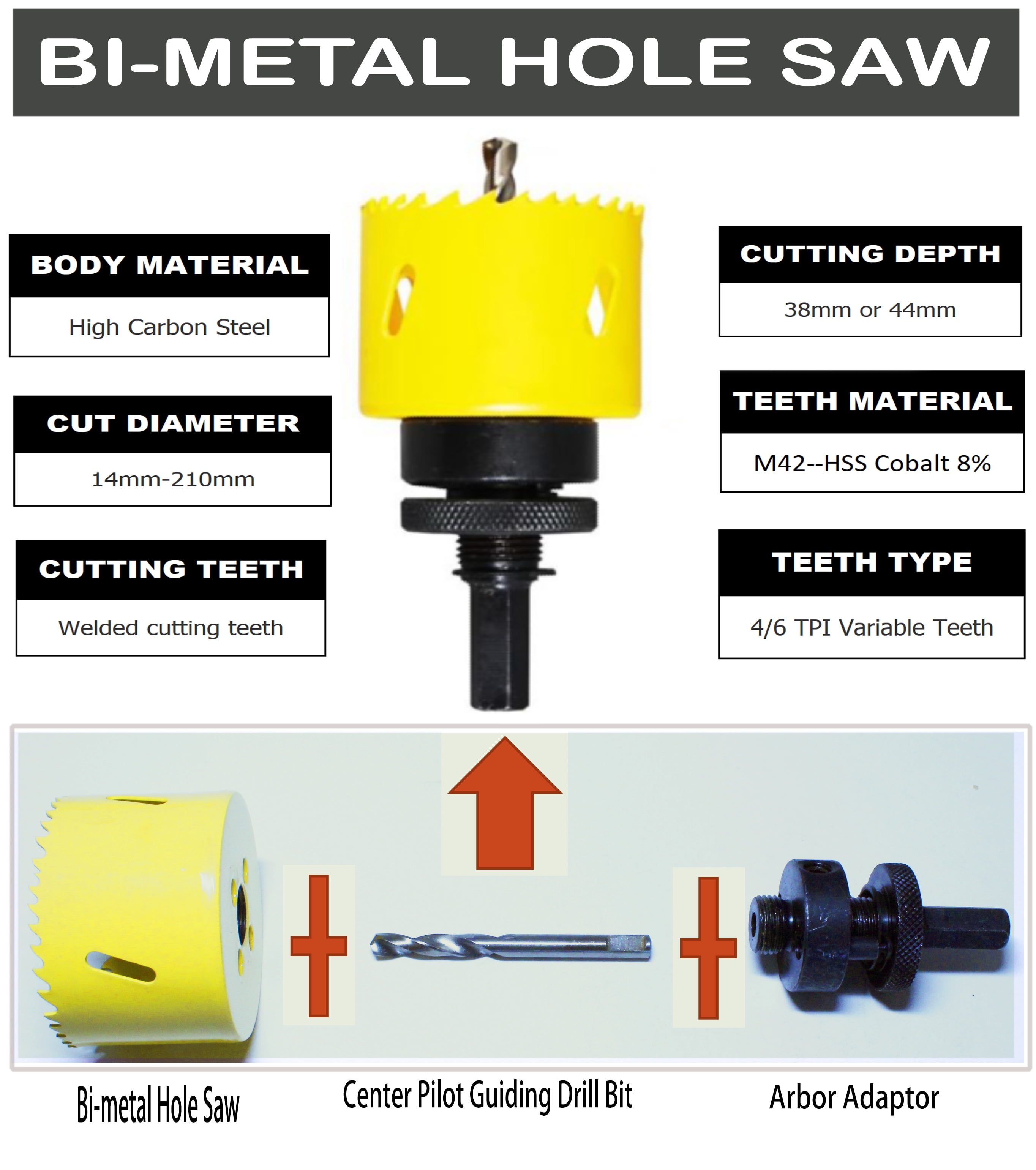 Max-Craft Bi-Metal Hole Saw M42 Cobalt 8% with Arbor and Pilot Center Drill Bit Heavy Duty Bi metal Hole Cutter for Steel, Metal, Wood, Plastic, Aluminum