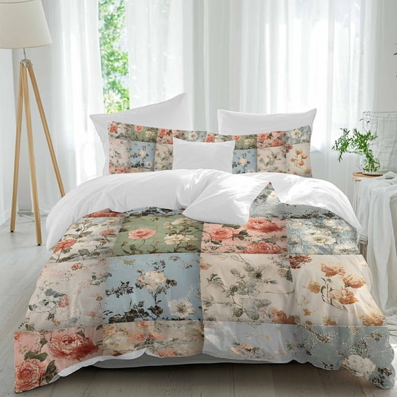 3 Piece Spring Floral Duvet Cover Set Full Size,Microfiber Comforter/Quilt Cover with Corner Ties and 2 Pillowcases,Elegant Checkered Summer Botanical Farmhouse All Season Bedding with Zipper Closure