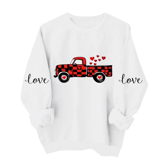Womens Valentine Sweatshirt Oversized Love Truck Graphic with Buffalo Plaid Hearts Soft Fleece Pullover Romantic Gift White,Size XS