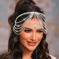 Layered Rhinestone Headband Tassel Crystal Forehead Hair Band Sparkly Bridal Hair Jewelry for Women (1-Silver, Free Size)