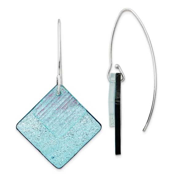 Beautiful Sterling Silver Blue Dichroic Glass Diamond Shaped Dangle Earrings
