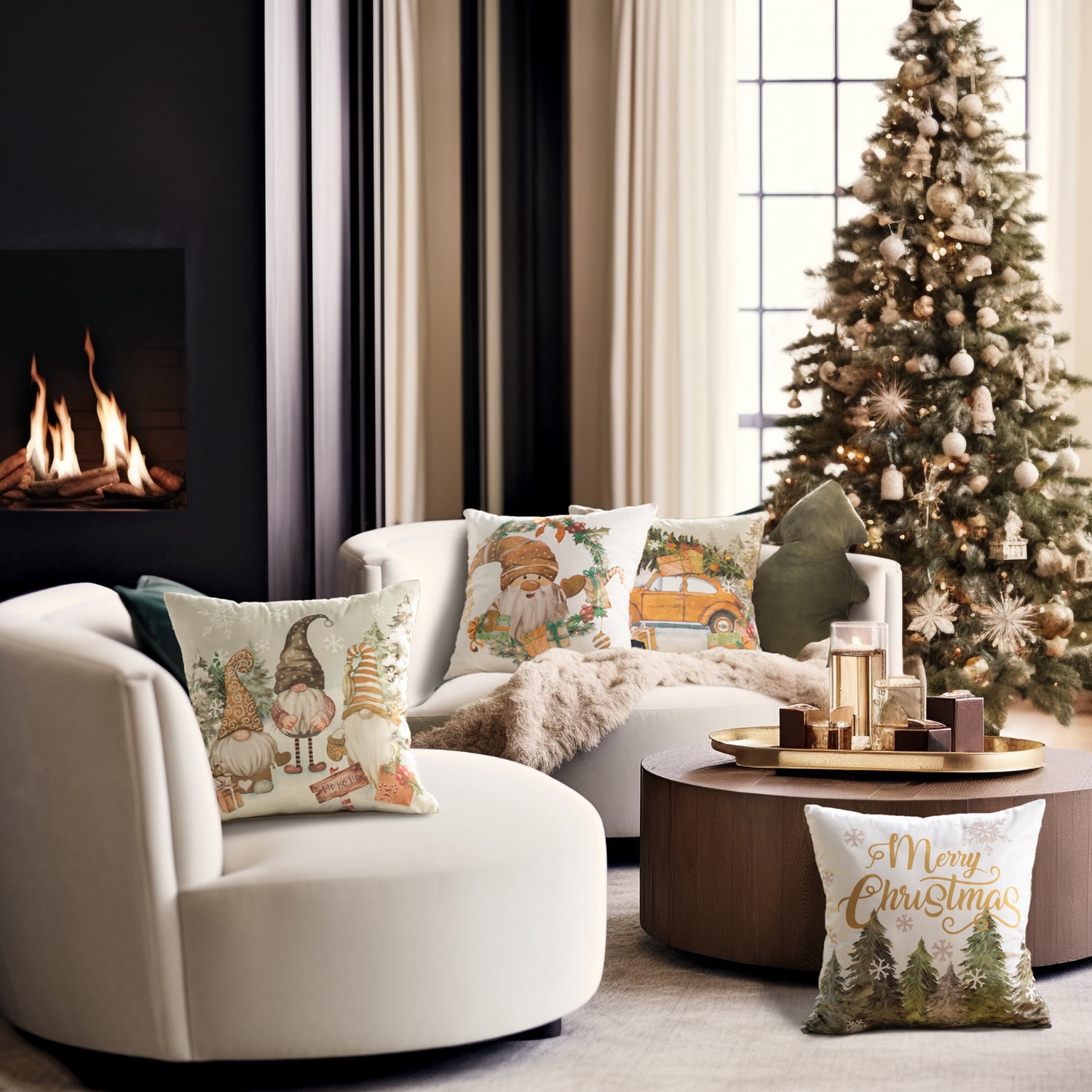 Christmas Santa Claus Decorative Pillows, Velvet Printed Christmas Tree and Car, 18" x 18", Beige, Set of 4