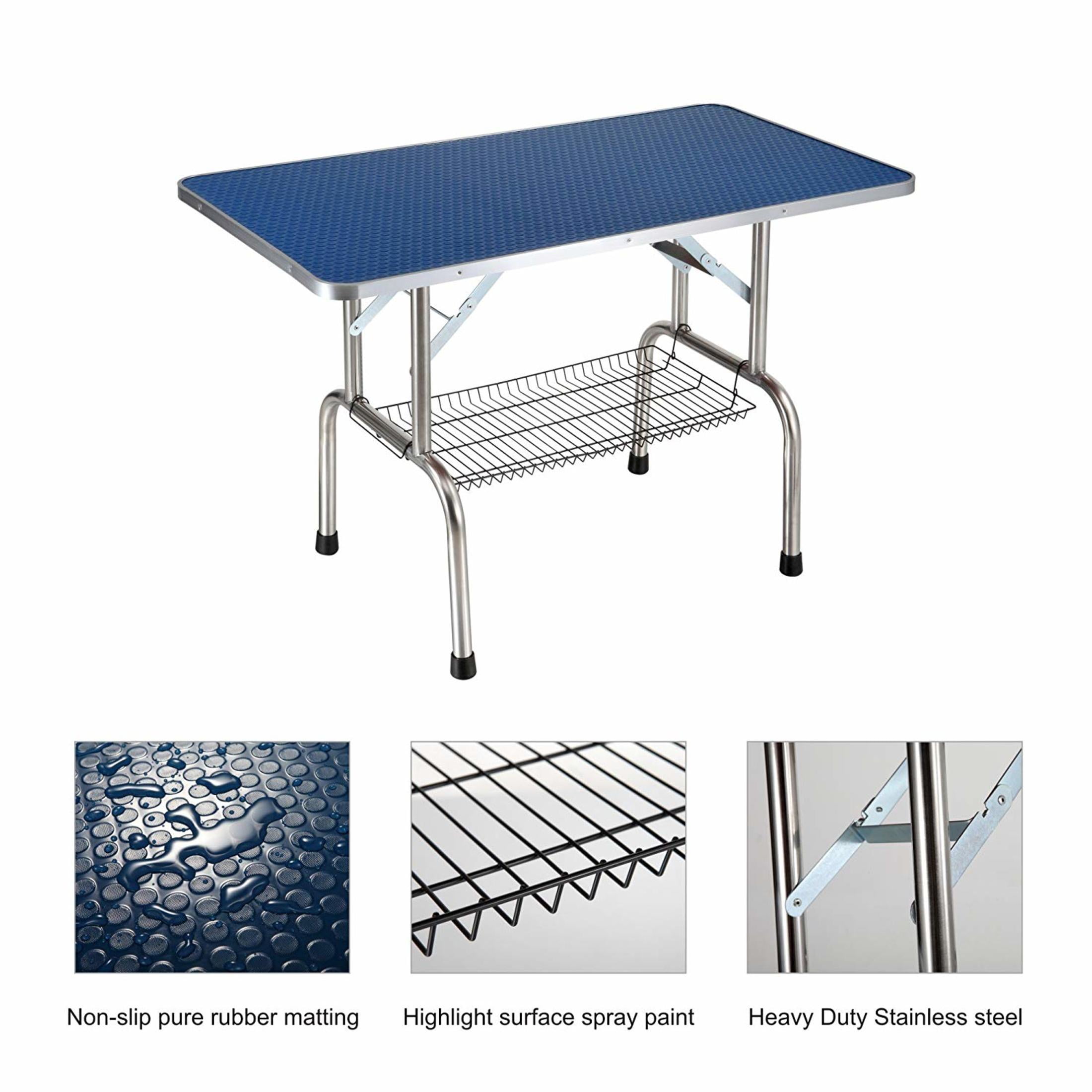 Noble House 46" Folding Dog Pet Grooming Table with Adjustable Arm, Stainless Steel Frame, Non-Slip Rubber Top, Blue
