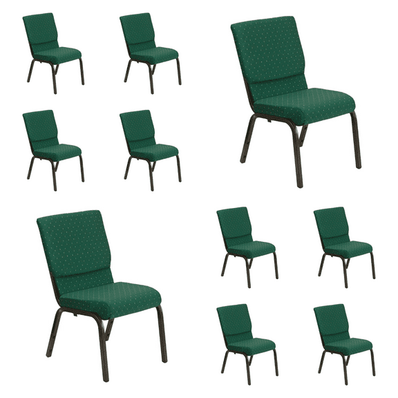 (10 PACK) 18.5'' Wide Green Patterned Fabric Church Chair with Book Pouch and Gold Vein Frame - Multipurpose Stackable Office Side Chair