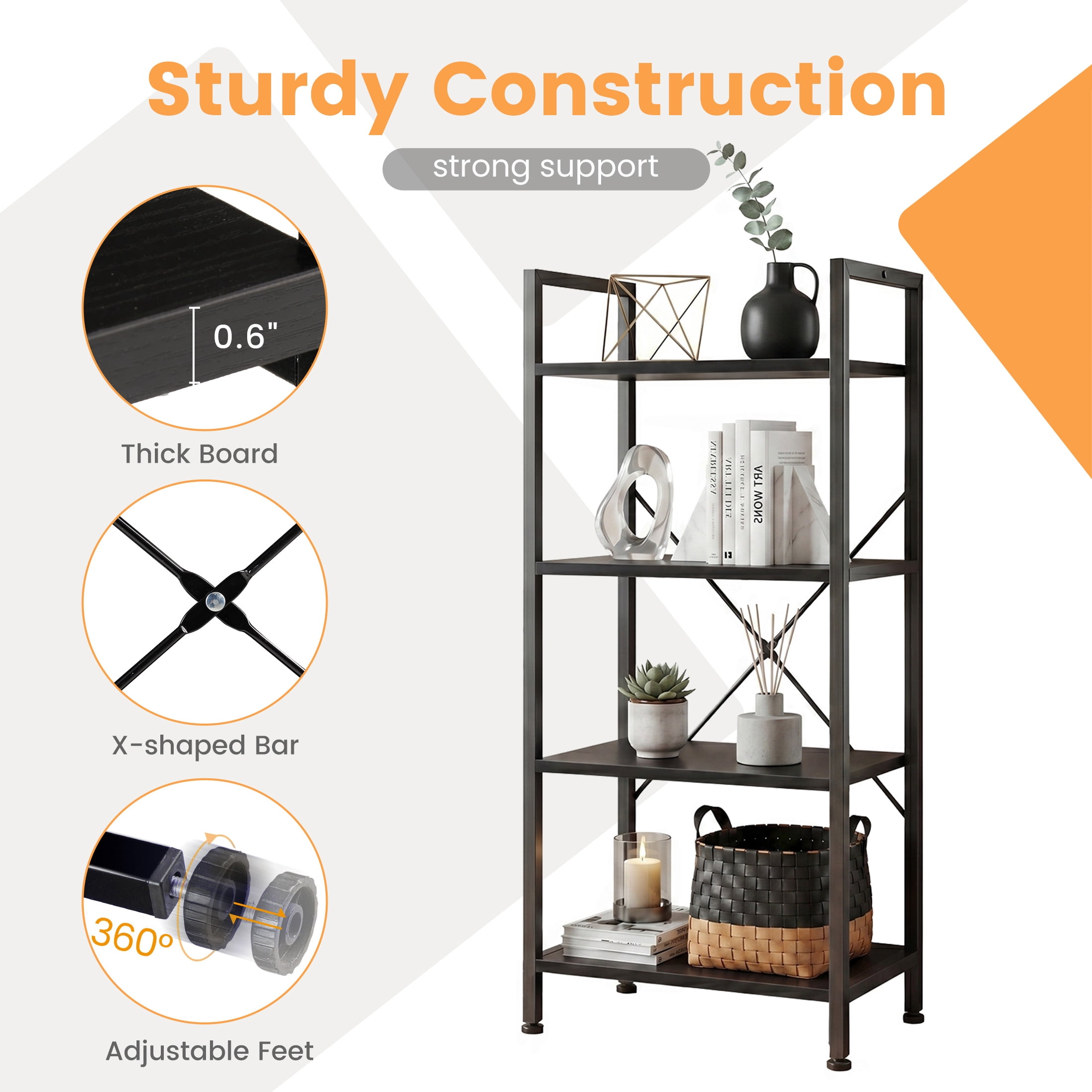 CONCETTA Bookshelf, 4-Tier Small Industrial Storage Shelf & Shelves, Metal Bookcase for Home Office, Living Room, Black