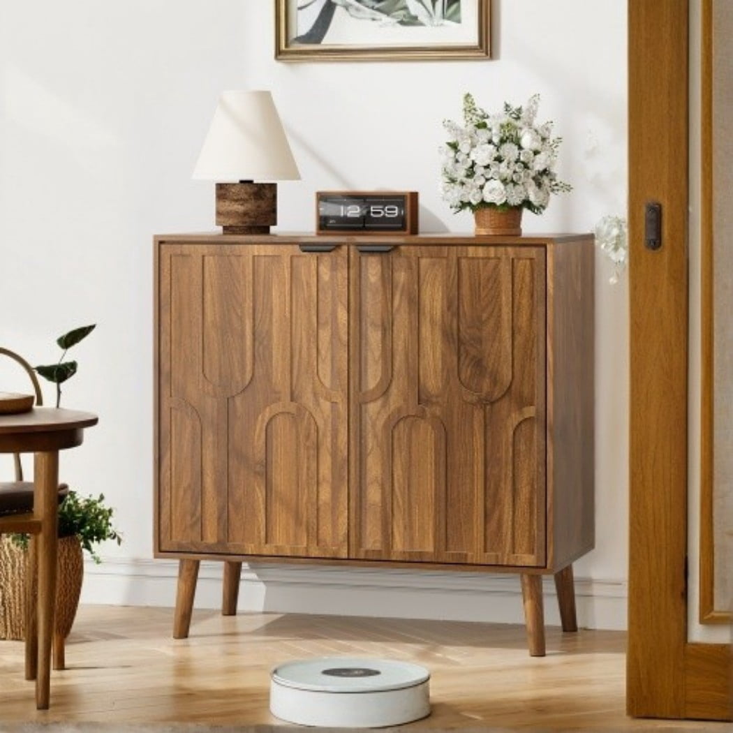 Farmhouse Buffet Cabinet, 31.5" Walnut Sideboard Cabinet with 2 Slatted Doors & 2 Storage Compartments, Coffee Bar Cabinet for Kitchen, Dining Room & Living Room, Brown