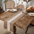 thumbnail image 1 of Nvzi Bandera de mesa de algodón y lino con rayas, empalme de dos colores, borlas tejidas, material natural, bandera de mesa, decoración de escritorio (marrón, 220 * 30 cm), 1 of 5
