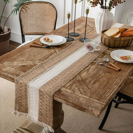 

Namzi table flag cotton linen striped splicing dual color woven tassel natural material table flag desktop decoration (brown 220 * 30cm)