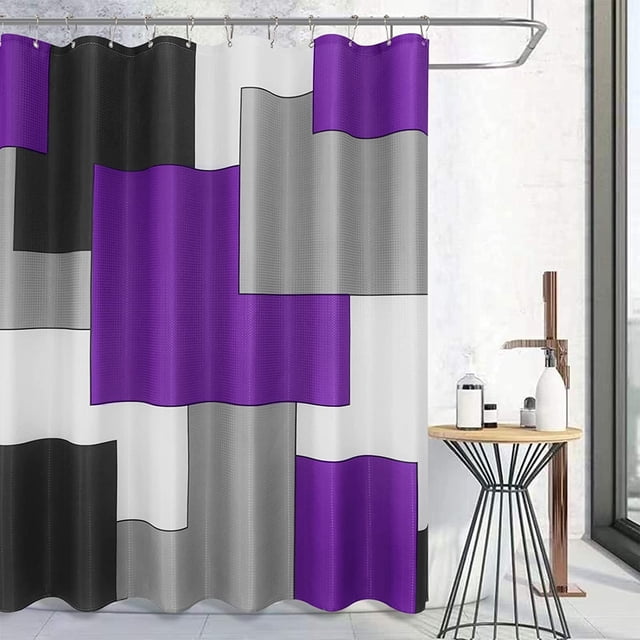 Shower Curtain Modern Purple and Black White Shower Curtain Set Grey Geometric Polyester Fabric Waffle Weave Textured for Bathroom with 12 Hooks, Water Repellent, Machine Washable, 72×72 Inches. Designed with purple, white, and gray geometric squares, this modern shower curtain enhances bathroom decor. Made of waffle weave polyester fabric, it is water repellent and includes 12 hooks.