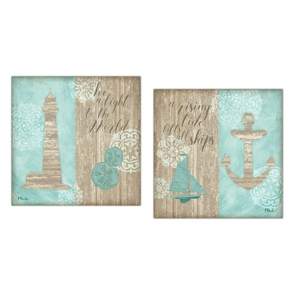 Gango Home Decor Teal and Brown Lighthouse and Anchor Coastal Adult Set; 2-12"x12" Square Unframed Posters