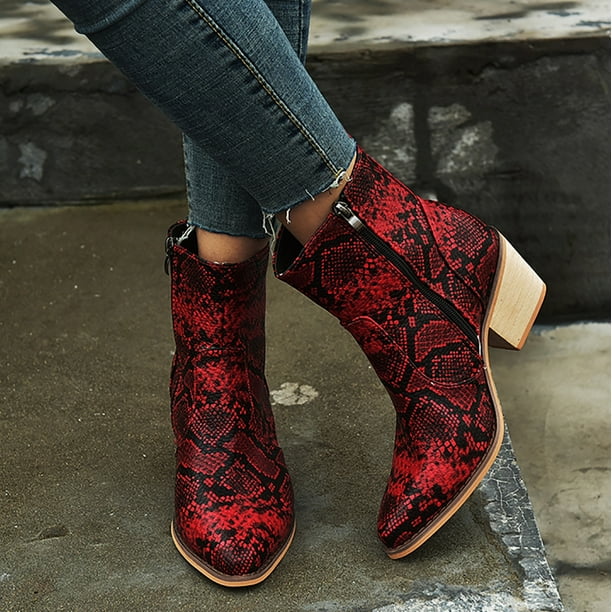 symoid Womens Mid Calf Heel Mid Heel Serpentine Low Tube Boots Shoes Red 35 Walmart.com