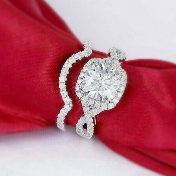 3.19 TC Cushion Cut Lab Created Diamond Bridal Set Engagement Ring 14k White Gold Plated 925 Silver