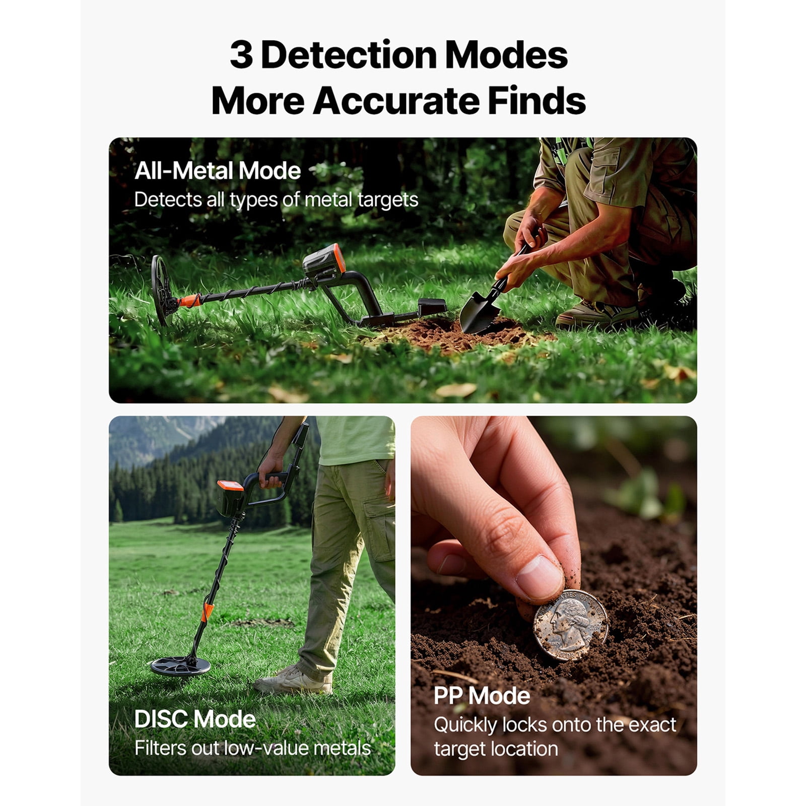 KFFKFF Metal Detector for Adults, 8" High-Precision Gold Finder, Waterproof Search Coil with Display, Headphones, 3 Modes, Adjustable Length, Ideal for Gold and Treasure Hunting
