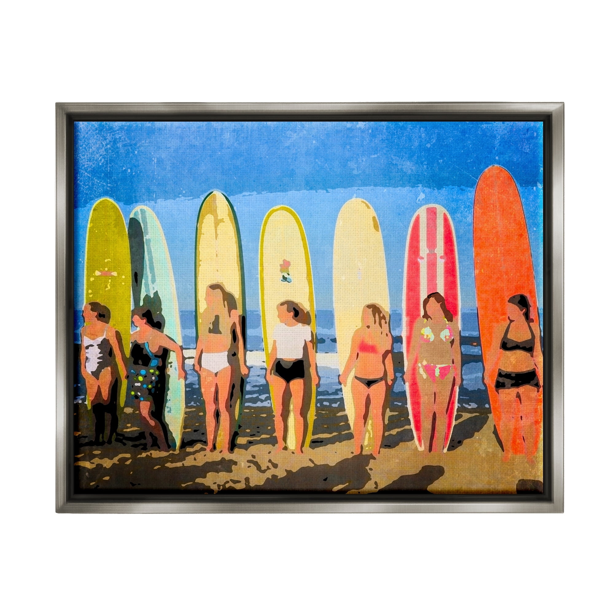 Stupell Industries Modern Pop Style Women Surfing Ocean Sports Graphic Art Luster Gray Floating Framed Canvas Print Wall Art, Design by Graffitee Studios