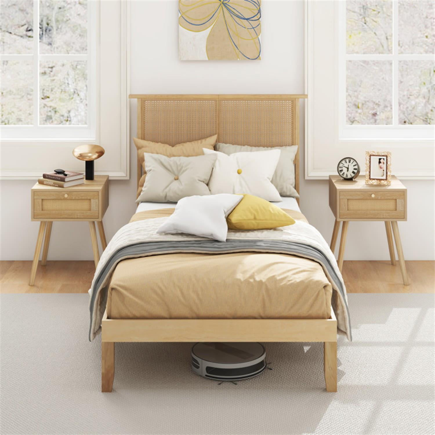 Demi Bonn Twin Size Bed Frame with Rattan Headboard, Platform Bed Frame with 12 Strong Wood Slat Support, No Box Spring Needed, Beige