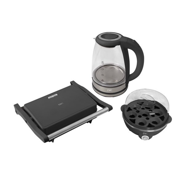 COOK WITH COLOR Compact Egg Boiler, Glass Kettle, & Panini Grill Kitchen Set, 3-piece set, Black