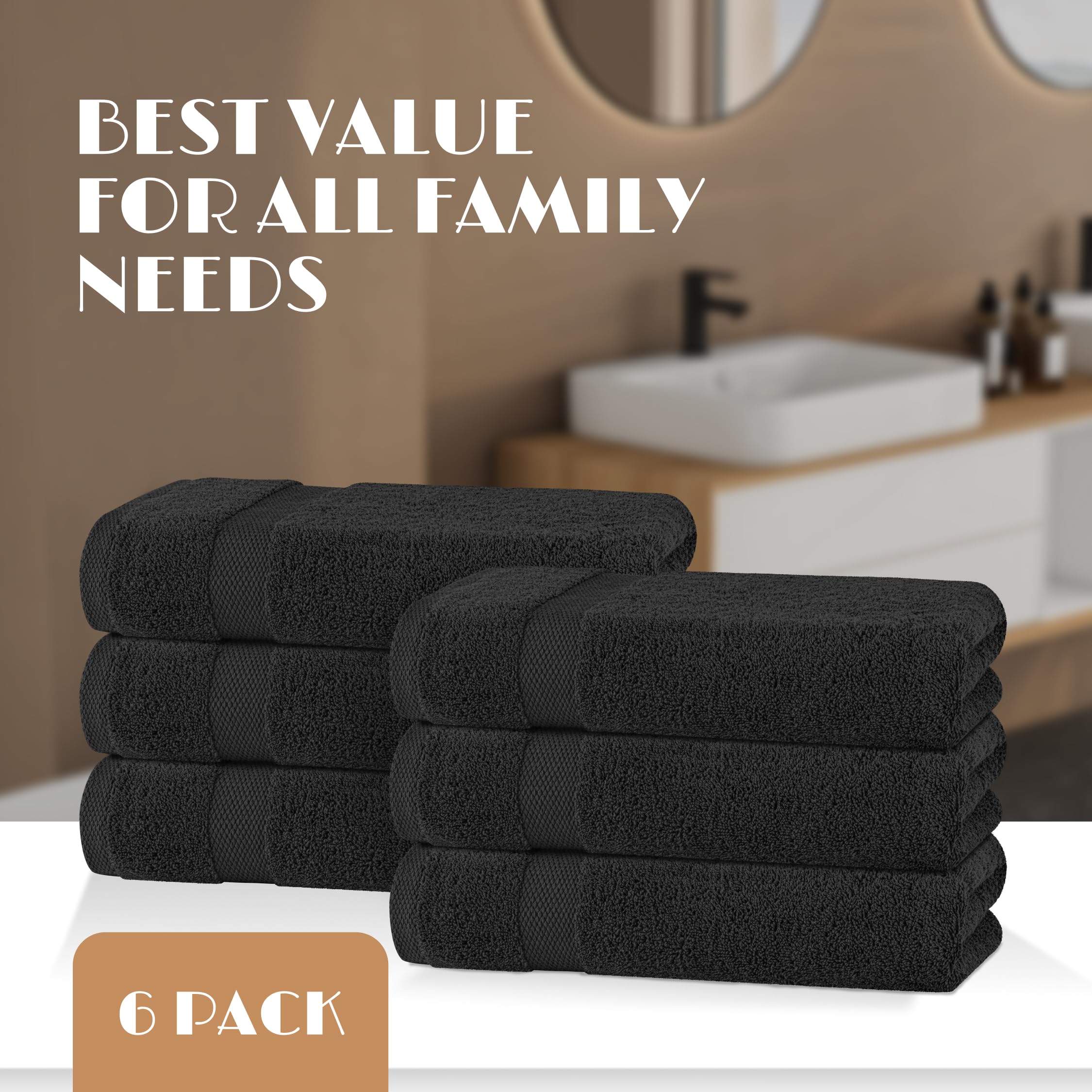 White Classic Wealuxe Black Bath Towels 24x50 inch, Cotton Towel Set for Bathroom, Hotel, Gym, Spa, Soft Extra Absorbent Quick Dry 6 Pack