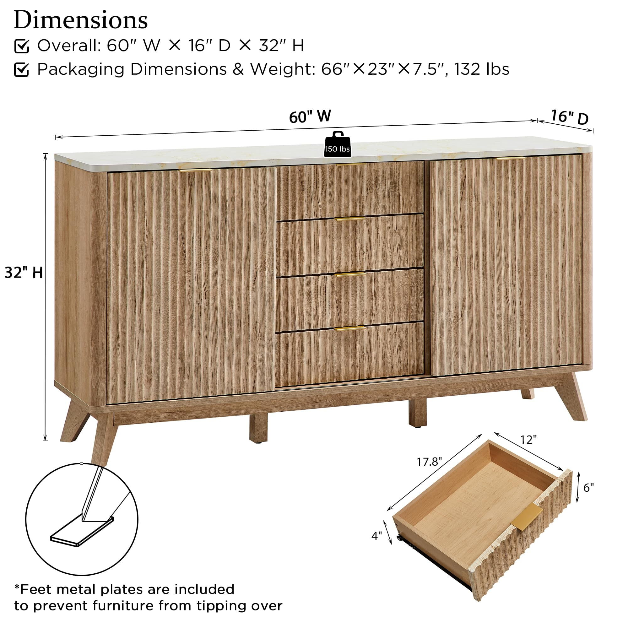 OKD 60" Fluted Wood Dresser with Sliding Doors and 4 Drawers, Modern Chest with Faux Marble Top, Chest of Drawers for Bedroom, Living Room, Natural Oak