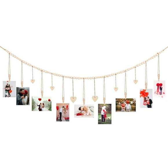 AMERTEER Hanging Photo Display with 18 Clips Wooden Bead Garland Boho Style Collage Photo Frame Decoration for Dorms Classrooms Bedrooms