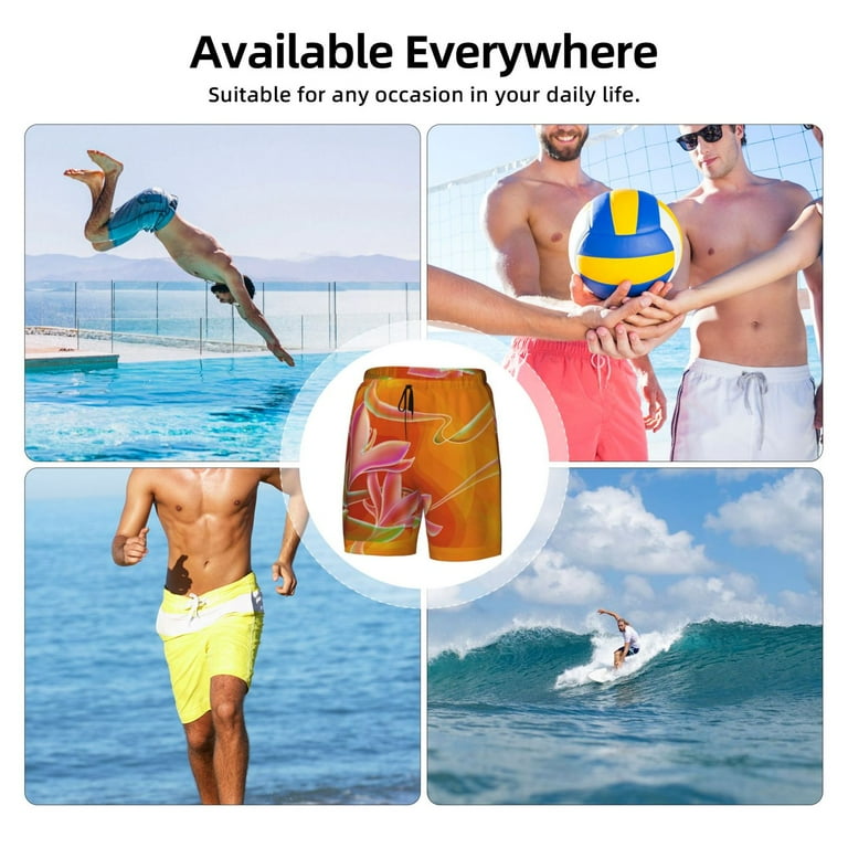 Biwisy Men's Quick Dry Swim Trunks - Funny Orange Pattern, Mesh Lining, Drawstring Waist
