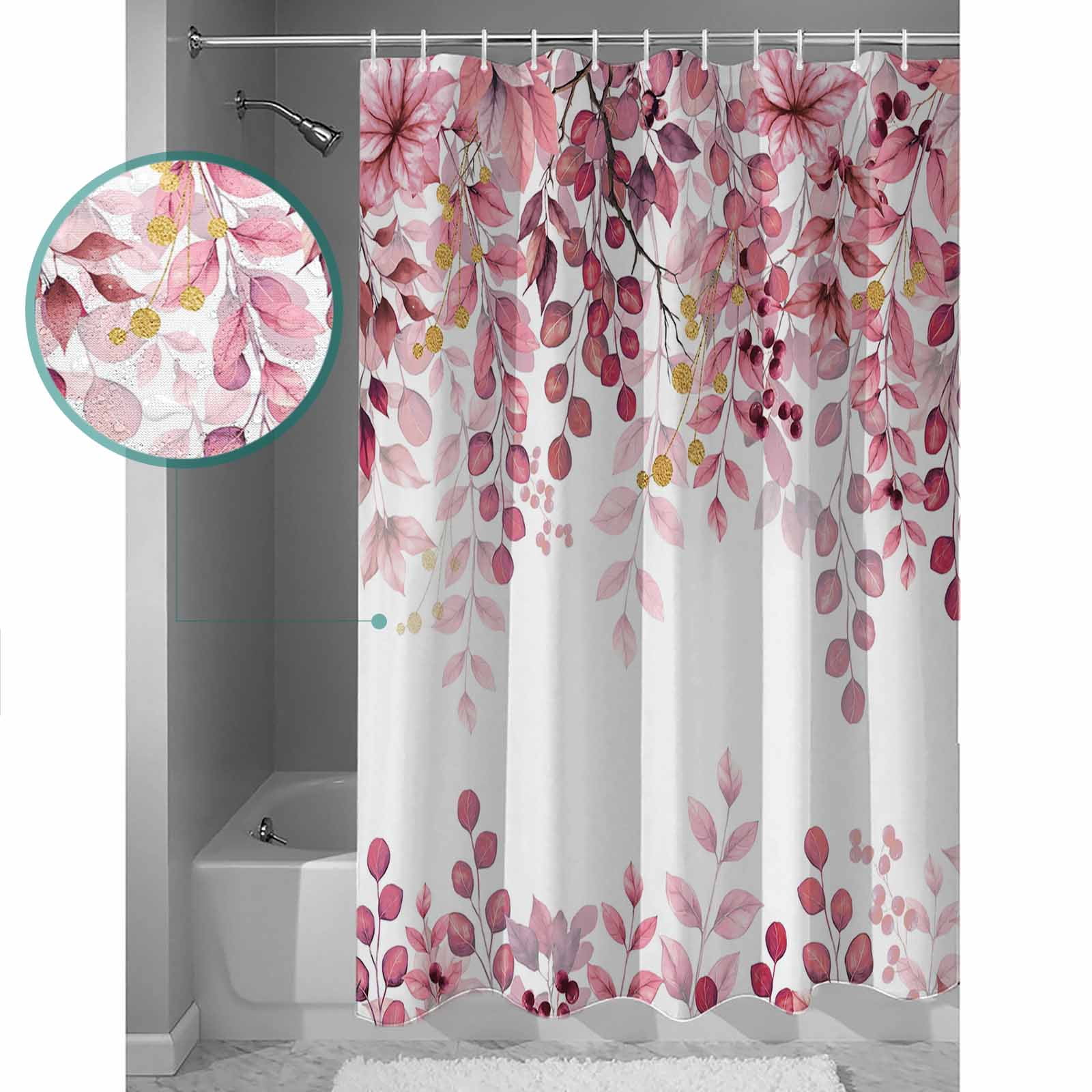 Pink Eucalyptus Bathroom Curtain 72 Inch Shower Curtain with Hooks, Gold Branches Vintage Flower Plant Waterproof Polyester Bath Curtain Washable Bathtub Curtain 66''x 72''