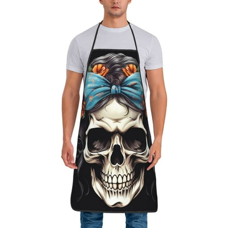 

Uemuo Bow Flower Skull Printed Bib Apron Adjustable Water and Oil Resistant Cooking Kitchen Chef Apron for Women Men