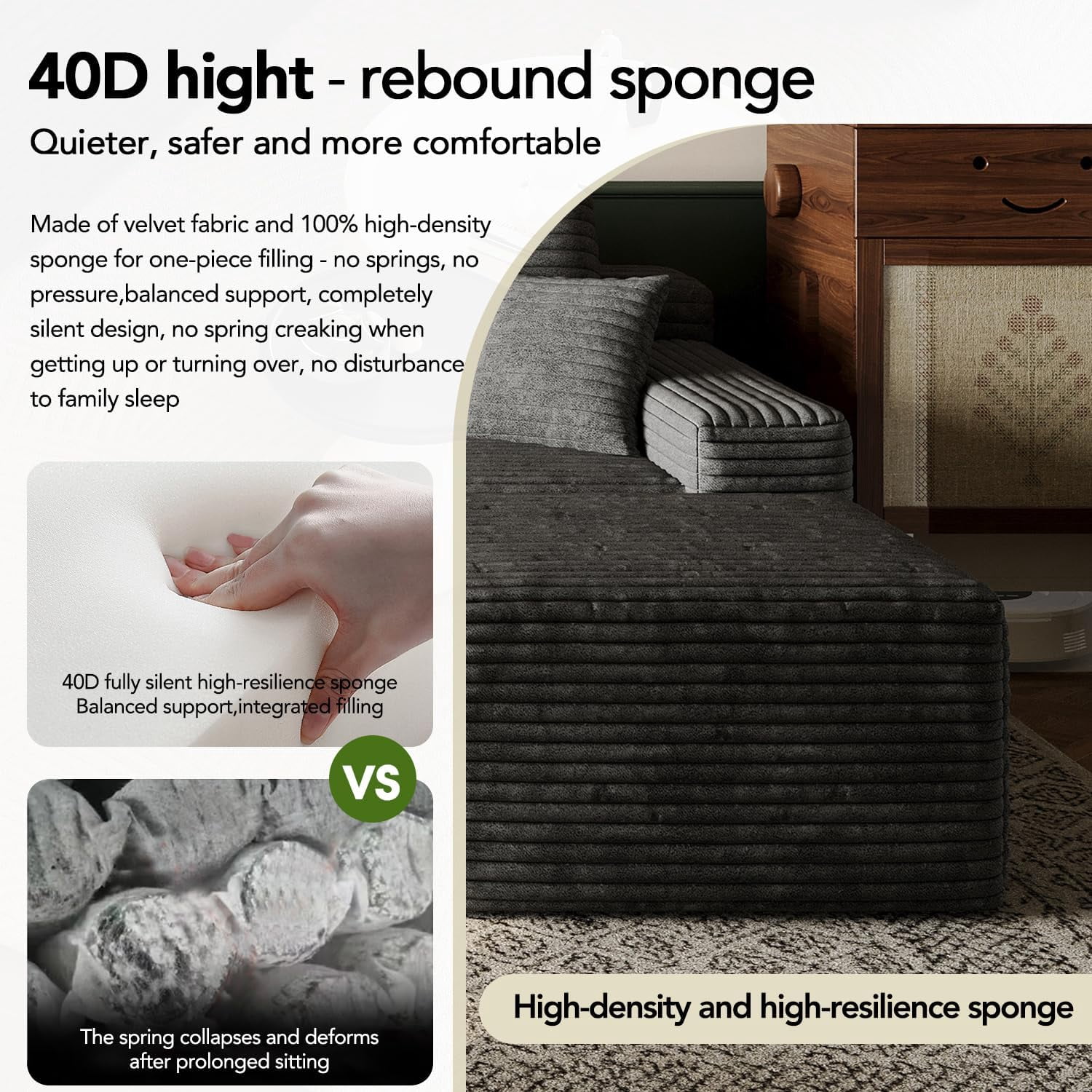 103" Cloud Sectional Sofa, Modern L Shaped Deep Seat Couch, Plush Corduroy Upholstered Sofa No Assembly, Living Room