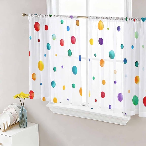 Sheer Curtains 45 Inches Long, Colorful Polka Dot Light Filtering Window Curtains for Living Room/Bedroom, Rainbow Point Vibrant Rod Pocket Voile Sheer Curtain Drapes, 52"W x 45"L, 2 Panels