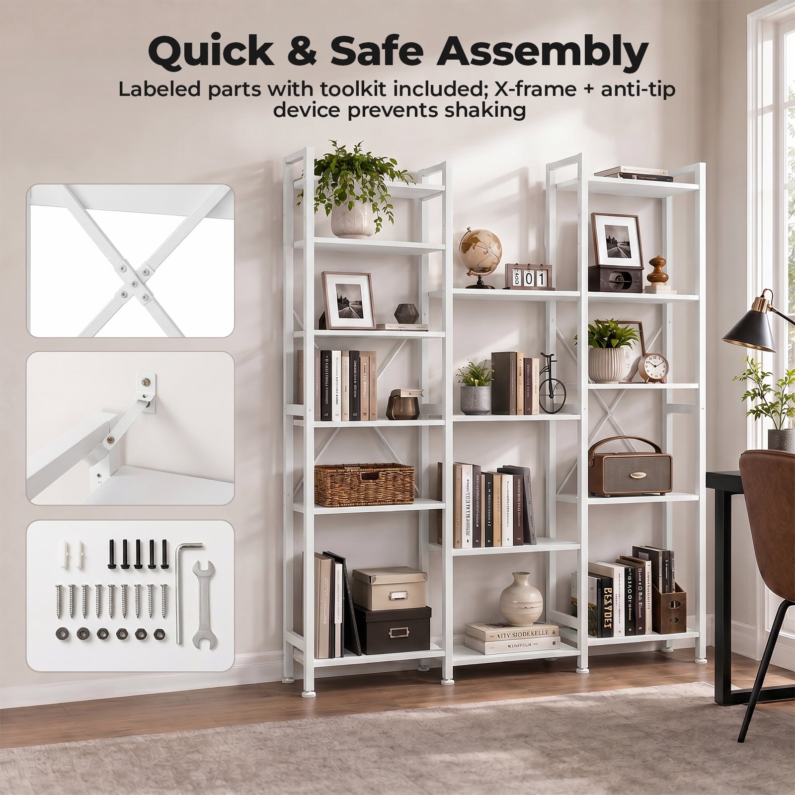 Alvantor Three Columns and Four Layers Bookshelf, Wide Bookcase with 11 Open Display Shelves, Adjustable Storage Shelf for Home & Office