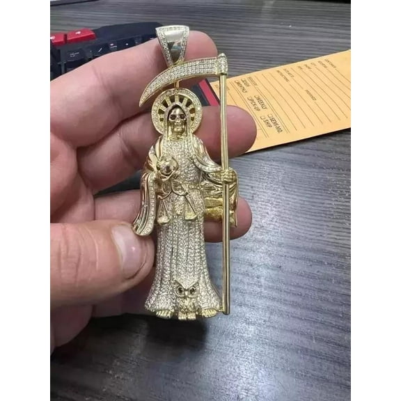 2.50Ct Round Real Moissanite Men's Santa Muerte Pendant 14K Yellow Gold Plated