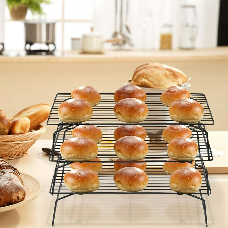 Set of 3 Cooling Rack Dingrich Foldable Nonstick Racks for Cooling Stackable Wire Rack with Folding Legs Black Kitchen Rack for Cookie Pizza Cake