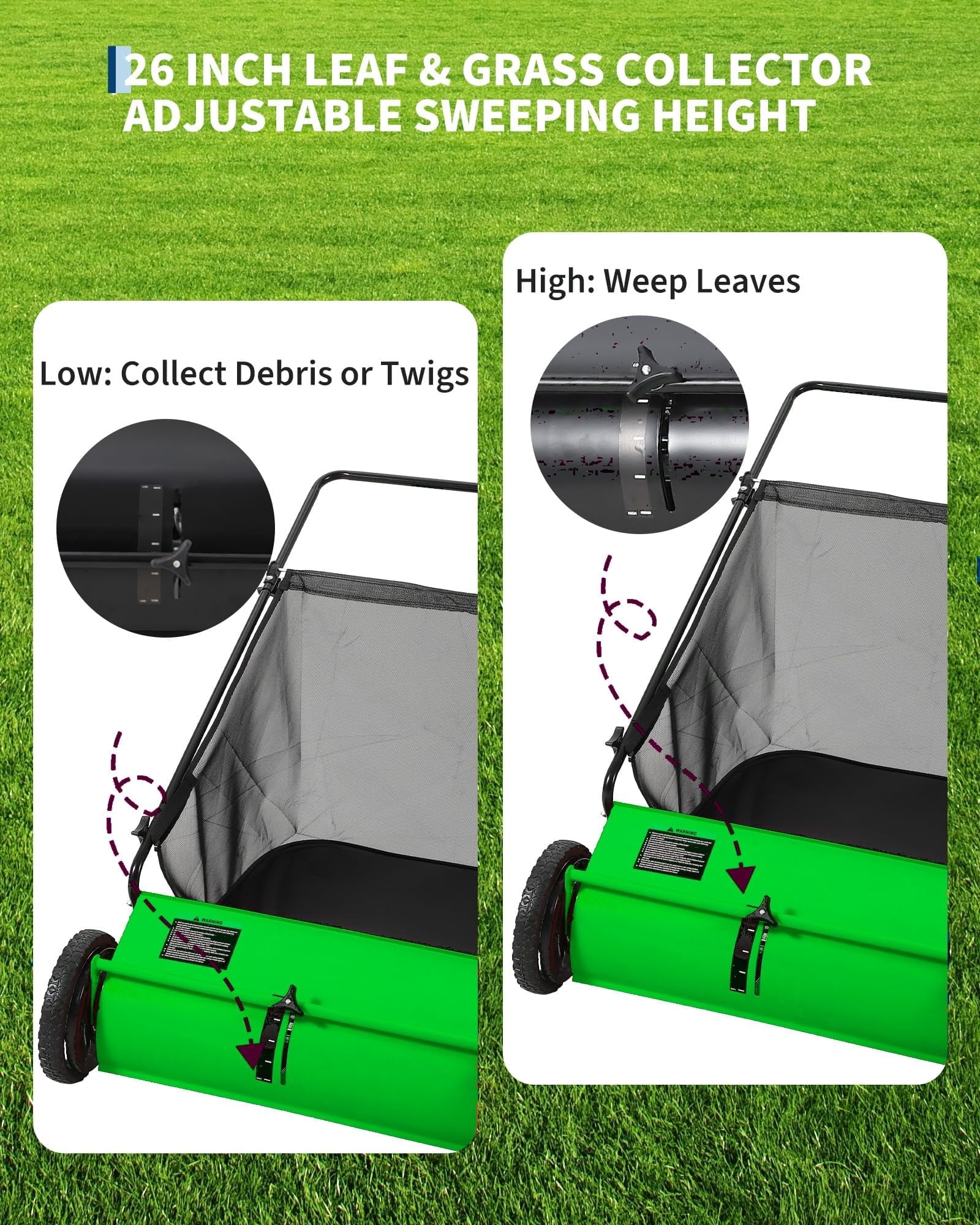 BouPower 26 in Push Lawn Sweeper – 4 Spinning Brushes, 7 Cu. Ft. Large Capacity Collection Bag, Adjustable Height, Durable Steel Frame with Rubber Wheels, for Grass, Leaves & Debris on All Terrains
