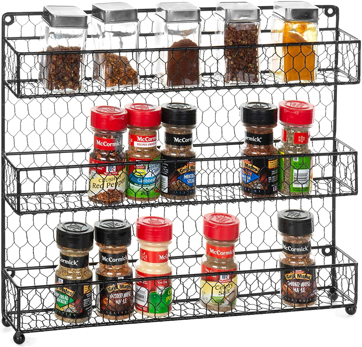MyGift Wall-Mounted Chicken Wire Kitchen Organizer Shelf Rack/Fruit Storage Basket with Towel Bar & 4 S-Hooks, Men's, Size: Small, Black