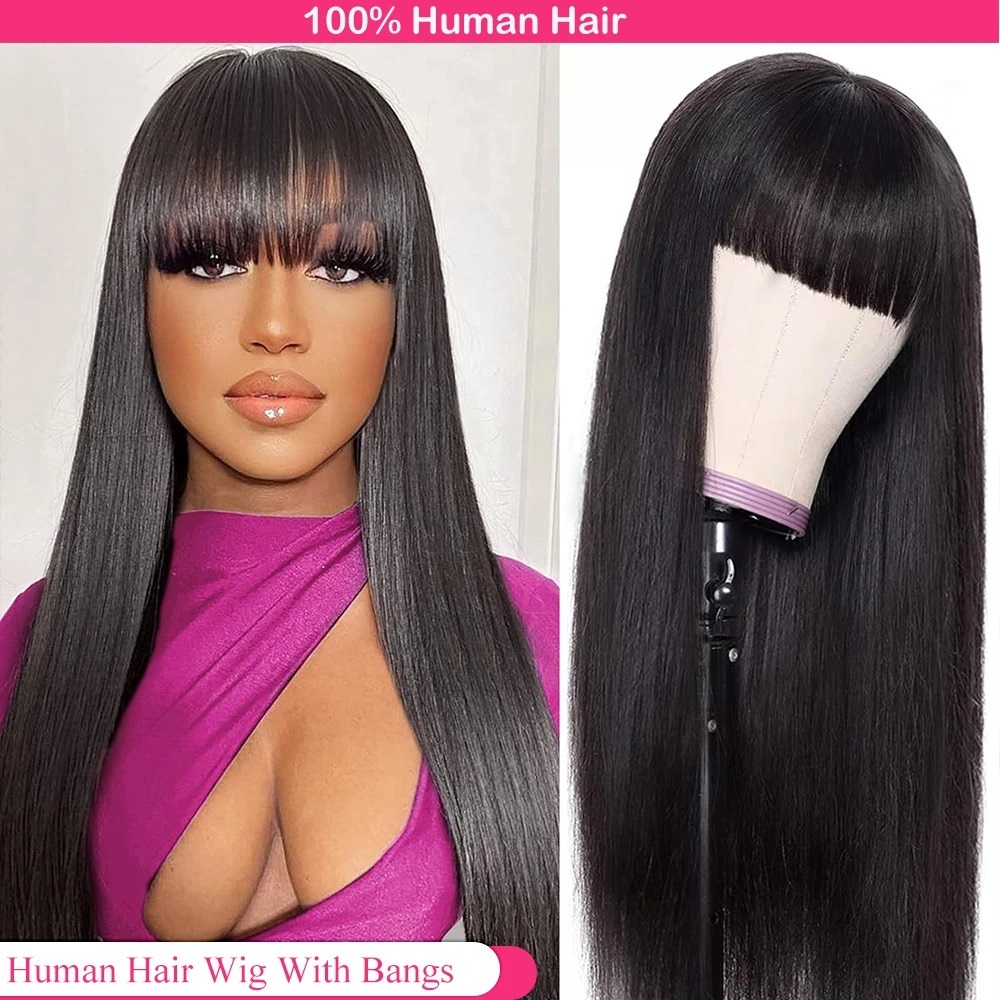 Human Hair Wigs with Bangs 18-36 Inches Straight Non Lace Wig for Women