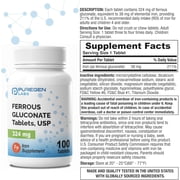 Puregen Labs Ferrous Gluconate 324 mg [High Potency] Iron Deficiency Supplement - Gentle on Stomach - 100 Tablets - 1PK